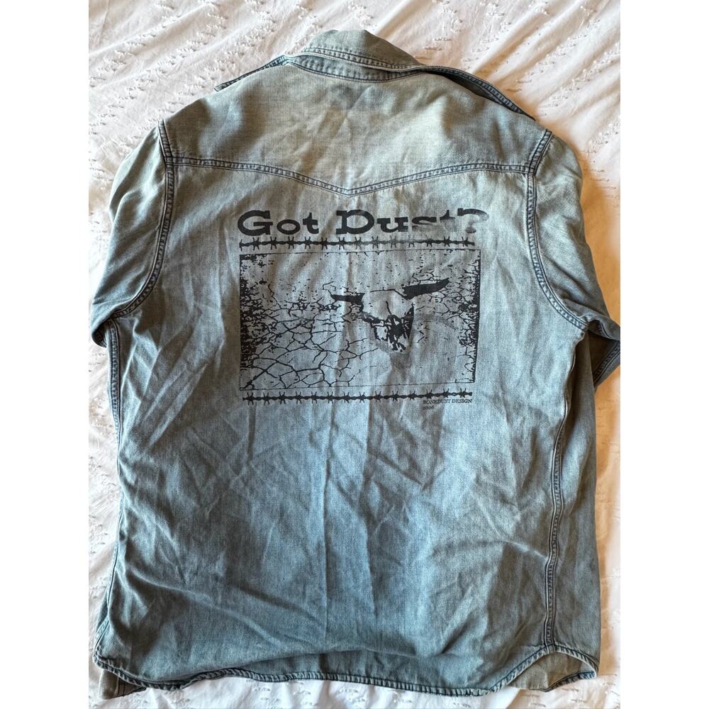 Men’s Medium Y2K Boredust Design 2006 Pearl Snap Denim Long Sleeved Shirt